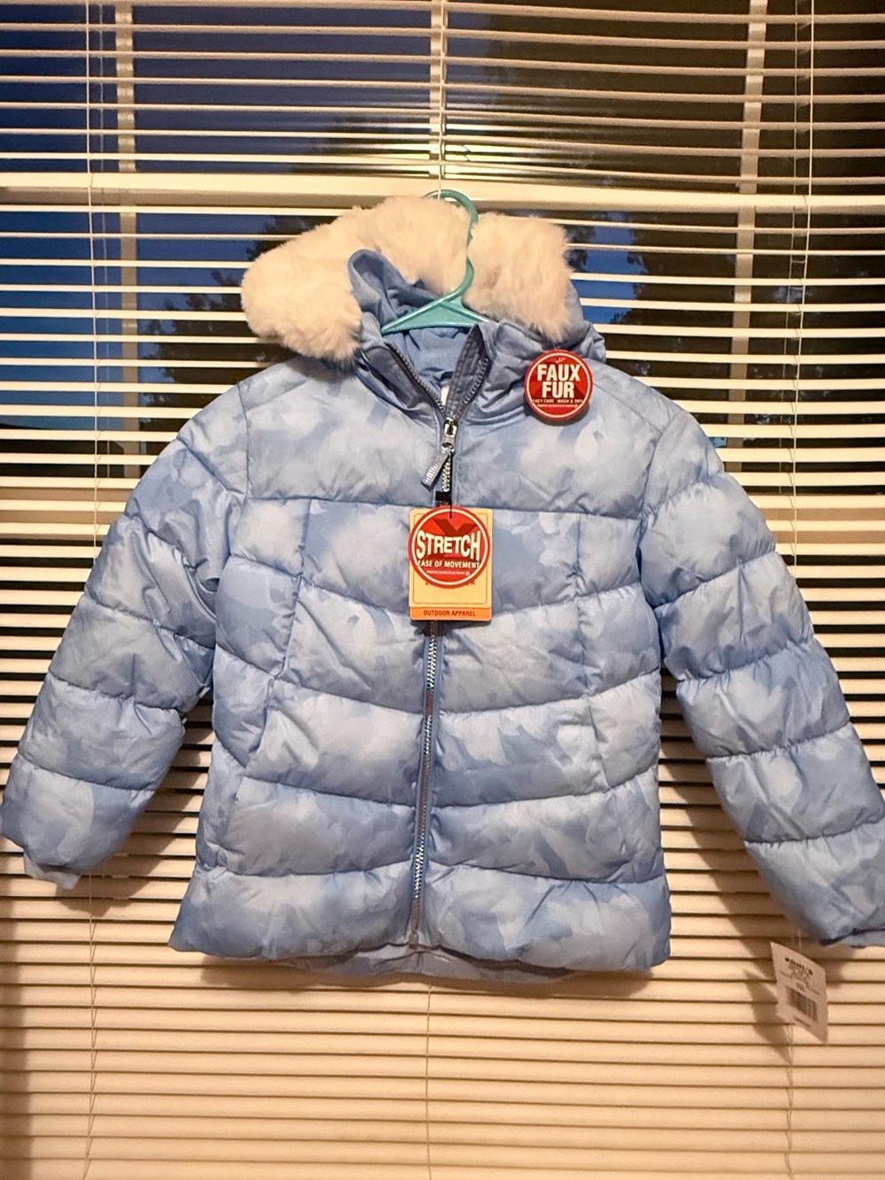 Brand new- Kids Light Blue Stretch Puffer Jacket with Faux Fur Hood
